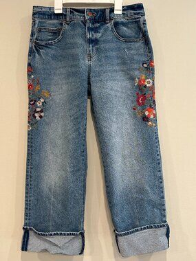 TALBOTS Straight Ankle Cuffed‎ Jeans Sz 6 Embroidered Applique Stretch